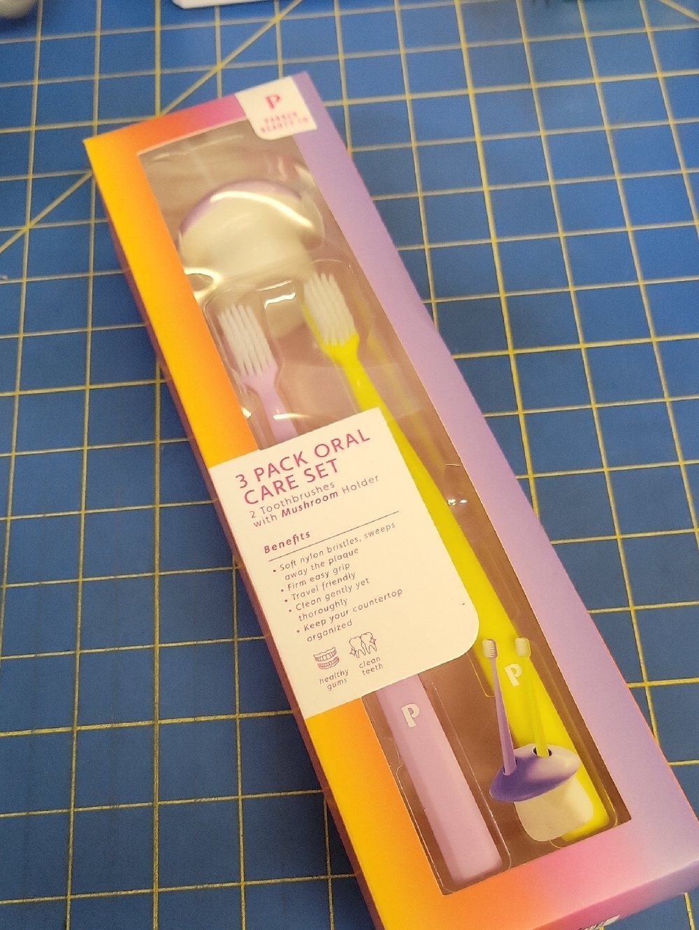 3-Pack Oral Care Set 2 Brushes & Holder NWT MUSHROOM